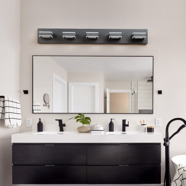 34" Modern 5-Light LED Vanity Light - Sleek Bathroom Wall Fixture, Iron & Acrylic, Dimmable & Energy-Efficient, Ideal for Mirror Lighting