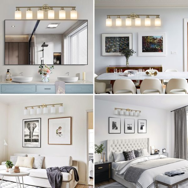 5-7.jpg 39" Modern 6-Light Vanity Wall Sconce, Golden Finish with Frosted Glass Shades for Bathroom or Hallway Lighting (No Bulbs)