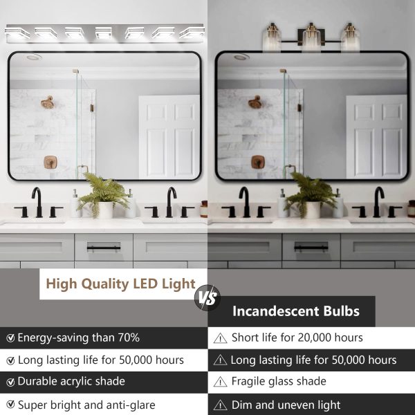 45" Modern Chrome 7-Light LED Vanity Light, Square Acrylic Lampshades Wall Mount Fixture for Bathroom, Mirror Lighting