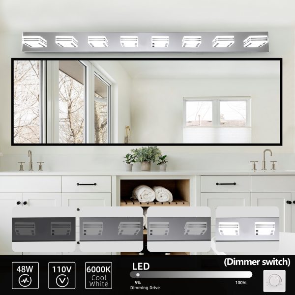 52" Modern Chrome 8-Light LED Vanity Light, Square Acrylic Lampshades Wall Mount Fixture for Bathroom, Mirror Lighting