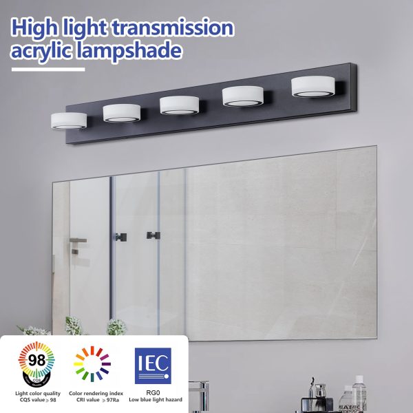37" Modern 5-Light LED Vanity Light, Sleek Black Bathroom Wall Light Fixture for Mirror, Shower, and Bathroom Decor