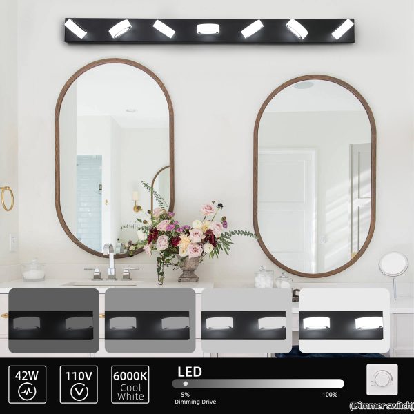 Modern 7-Light LED Vanity Light Fixture - Black Iron Finish with Acrylic Shades - Energy-Efficient Bathroom Wall Sconce - Dimmable for Mirror, Shower, and Bathroom Decor