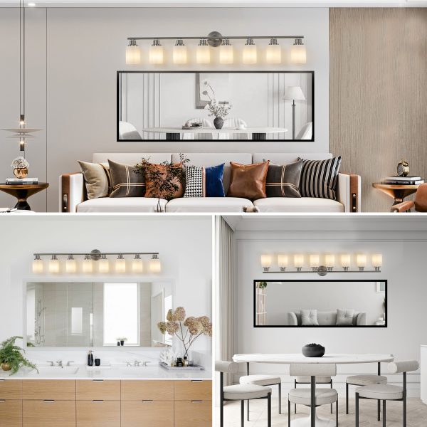 5-9.jpg 52" Modern 8-Light Vanity Wall Sconce, Brushed Nickel Finish with Frosted Glass Shades for Bathroom or Hallway Lighting (No Bulbs)