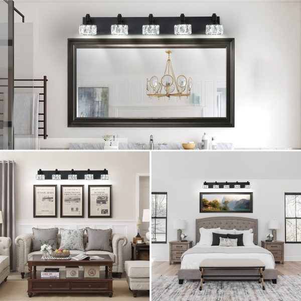 5-93.jpg Modern 5-Light Matte Black LED Vanity Light Fixture with Crystal Glass Shades, Bathroom Wall Sconce for Elegant and Contemporary Home Decor