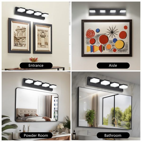 4Black Bathroom Light Fixtures 4 Lights Bathroom Vanity Light LED Dimmable Matt Black Vanity Lights 24W Cool White 6000K