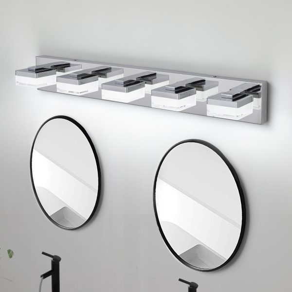 Modern Chrome LED Vanity Light, 5-Lights Wall Sconce for Bathroom and Mirror, Sleek Minimalist Design, Energy-Efficient, Easy to Install